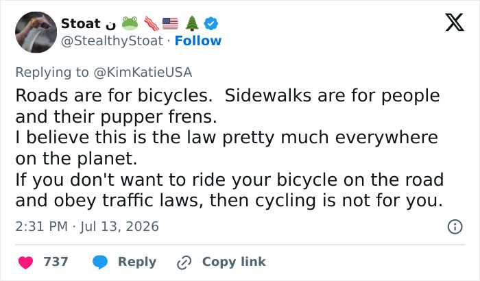 Twitter post stating roads are for bicycles and sidewalks are for people and their dogs, related to the cyclist Karen incident. Twitter post stating roads are for bicycles and sidewalks are for people and their dogs, related to the cyclist Karen incident.