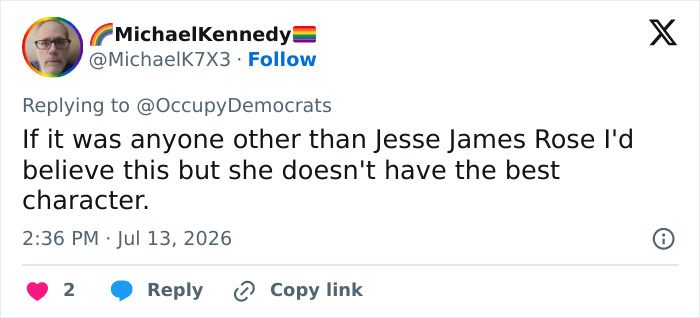 Tweet by MichaelKennedy with rainbow flag icon, responding to OccupyDemocrats, discusses Trans Influencer Lindsey Graham.