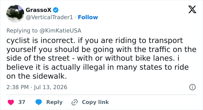 A social media user comments that a cyclist is incorrect for riding on the sidewalk and it's illegal in many states. A social media user comments that a cyclist is incorrect for riding on the sidewalk and it's illegal in many states.