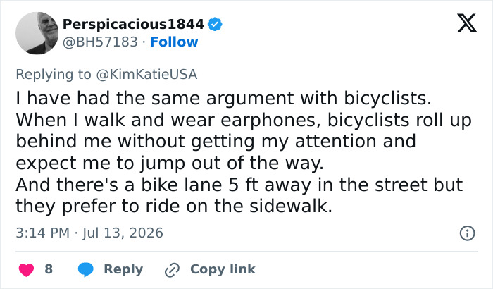 A social media user comments on cyclists riding on sidewalks, expressing frustration with their behavior when people walk their dogs. A social media user comments on cyclists riding on sidewalks, expressing frustration with their behavior when people walk their dogs.