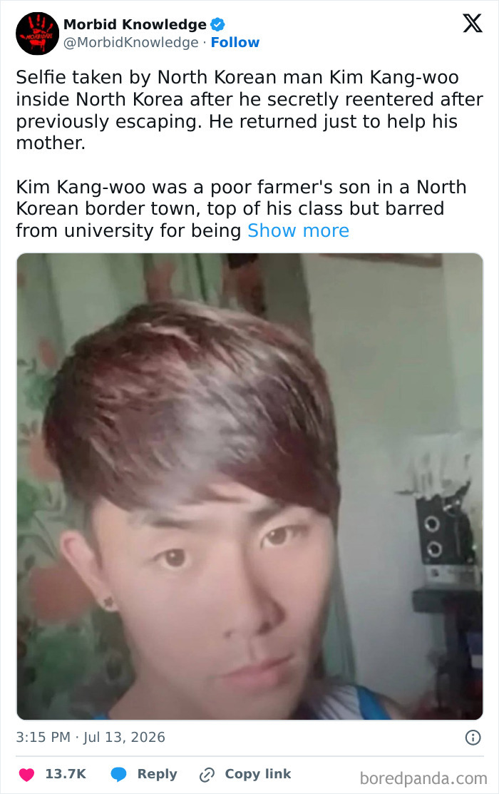A selfie of Kim Kang-woo, a North Korean defector, related to morbid and sad stories.