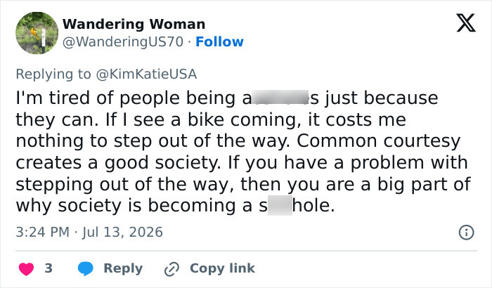 Tweet by Wandering Woman about a cyclist shaming a man for walking his dogs on the sidewalk. Tweet by Wandering Woman about a cyclist shaming a man for walking his dogs on the sidewalk.
