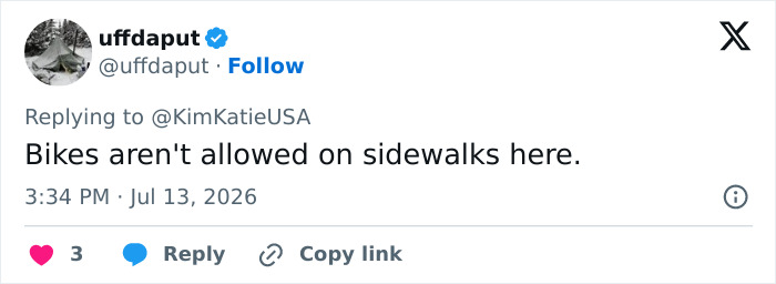 Screenshot of a tweet indicating that bikes are not allowed on sidewalks in that location, related to the cyclist incident. Screenshot of a tweet indicating that bikes are not allowed on sidewalks in that location, related to the cyclist incident.