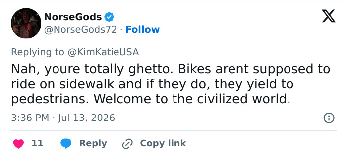A social media post on cyclists and dog walkers, addressing sidewalk yielding rules and common courtesy. A social media post on cyclists and dog walkers, addressing sidewalk yielding rules and common courtesy.