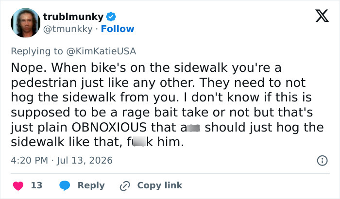 Tweet by trublmunky about a cyclist shaming a man for walking his dogs on the sidewalk. Tweet by trublmunky about a cyclist shaming a man for walking his dogs on the sidewalk.