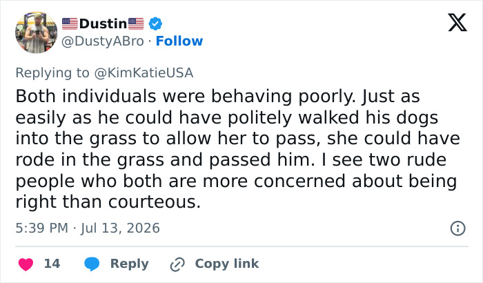 A social media post about a cyclist-dog walker incident, suggesting both parties exhibited poor behavior and lack of courtesy. A social media post about a cyclist-dog walker incident, suggesting both parties exhibited poor behavior and lack of courtesy.