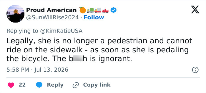 Screenshot of a tweet stating a cyclist is not a pedestrian and cannot ride on the sidewalk when pedaling. Screenshot of a tweet stating a cyclist is not a pedestrian and cannot ride on the sidewalk when pedaling.