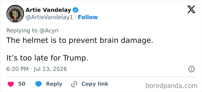 A Twitter post stating the helmet is to prevent brain damage and that it is too late for Trump, in mockery of the special helmet.