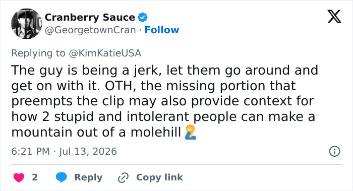 Tweet by Cranberry Sauce about a cyclist shaming a man for walking his dogs on the sidewalk. Tweet by Cranberry Sauce about a cyclist shaming a man for walking his dogs on the sidewalk.