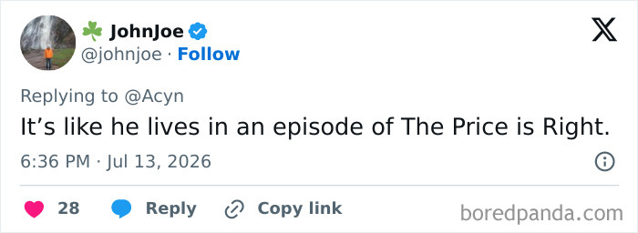 Tweet by Johnjoe, It's like he lives in an episode of The Price is Right. The mockery of the special helmet is instantaneous.