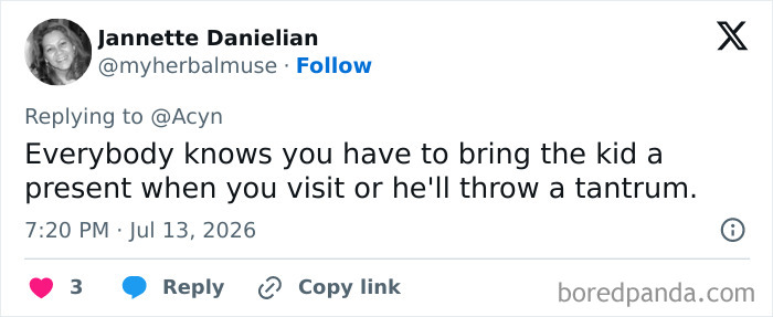 A tweet explaining the need to bring a present to avoid a tantrum, humorously relating to the special helmet and instant mockery.