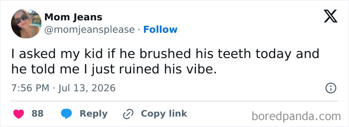 Meme about raising kids: a parent shares a funny exchange with their kid about brushing teeth.