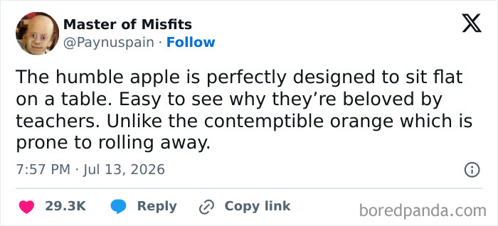 A funny tweet comparing apples to oranges, humorously highlighting unhinged tweets.
