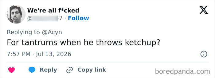 A tweet about tantrums and throwing ketchup, implying the special helmet is for controlling Trump's behavior, leading to mockery.
