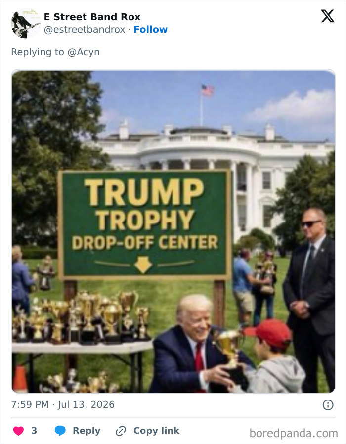 Trump beams while receiving a trophy in front of a 'Trump Trophy Drop-Off Center' sign, near the White House, making light of a special helmet gift.