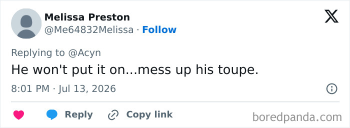 Tweet by Melissa Preston, He won't put on...mess up his toupe. The mockery of Trump's special helmet is instantaneous.