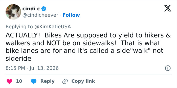 A tweet explaining that bikes should yield to walkers and not be on sidewalks, referencing the Cyclist Karen incident. A tweet explaining that bikes should yield to walkers and not be on sidewalks, referencing the Cyclist Karen incident.