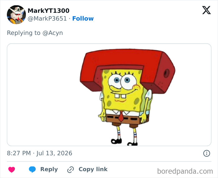 A SpongeBob SquarePants wearing a special helmet made from a red old-fashioned telephone receiver, creating instant mockery.
