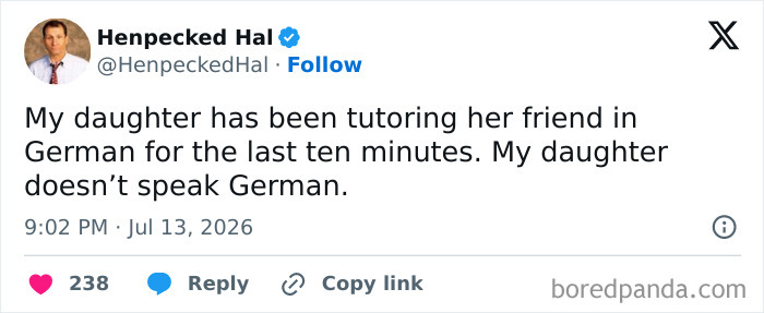 Meme about raising kids: a parent posts a humorous tweet about their daughter tutoring in German without knowing it.