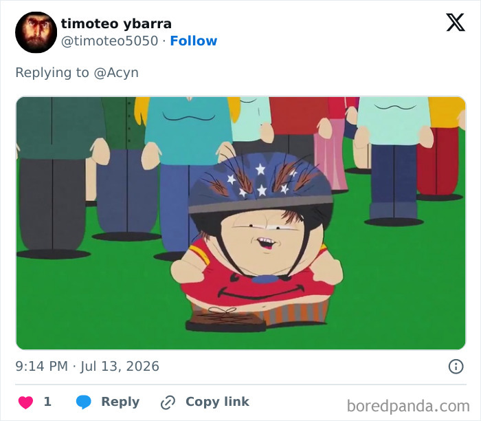A cartoon character, possibly Cartman from South Park, wearing a blue special helmet with stars, generating instant mockery.