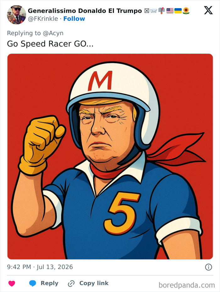 An illustration of Trump as Speed Racer, wearing a special helmet with an 'M' and a racing suit with '5,' mocking his gifted helmet.