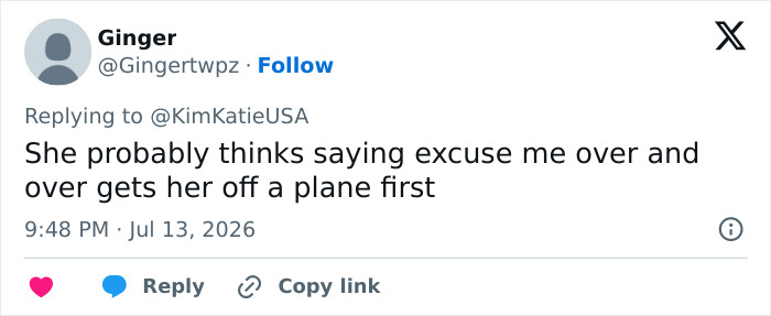 A social media user comments on a cyclist Karen, comparing her behavior to someone wanting to get off a plane first. A social media user comments on a cyclist Karen, comparing her behavior to someone wanting to get off a plane first.