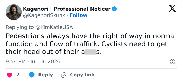 A social media post discussing cyclist behavior and dog walkers, emphasizing pedestrian right of way on sidewalks. A social media post discussing cyclist behavior and dog walkers, emphasizing pedestrian right of way on sidewalks.