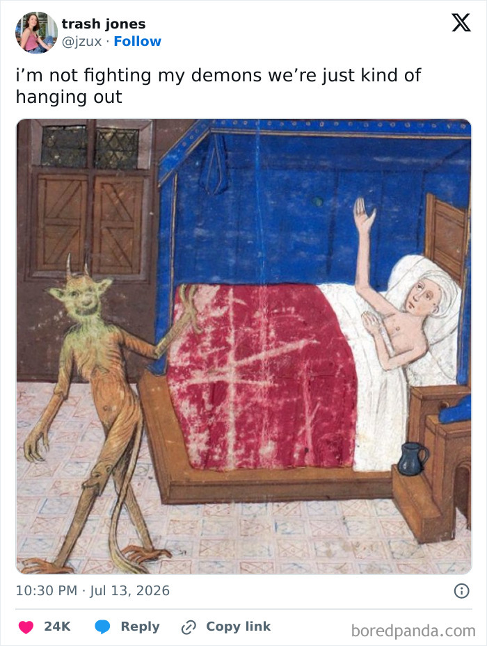 Funny July tweet with medieval art depicting a person and a demon, captioned about hanging out.