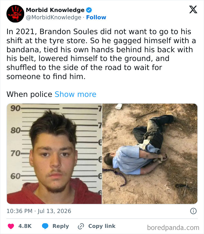 A mugshot and an image of Brandon Soules representing a morbid and sad story.