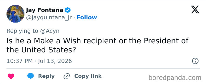 A Twitter post asking if Trump is a Make a Wish recipient or the President of the United States, mocking his special helmet.