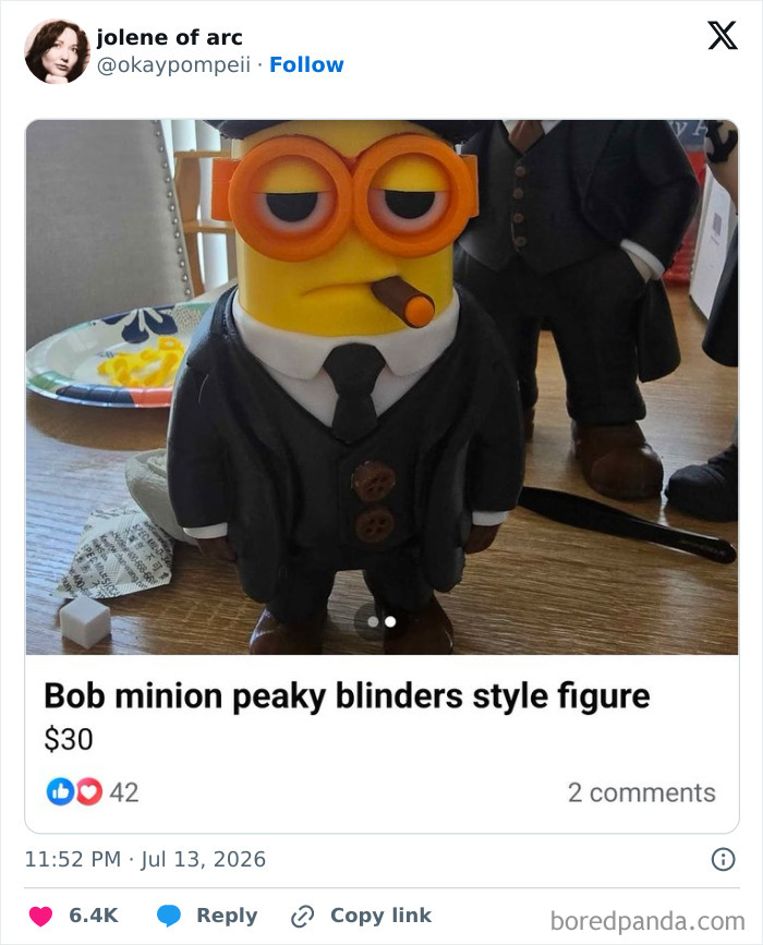 A funny tweet showing a Minion figure dressed as a Peaky Blinders character, representing unhinged tweets.