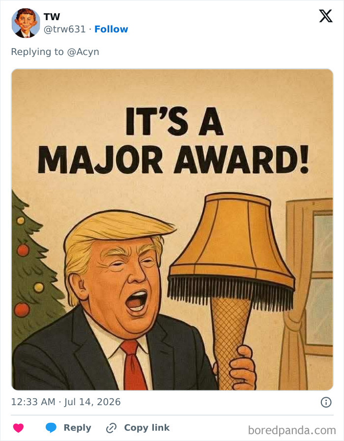 Illustration of Trump holding a leg lamp. He beams after being gifted a special helmet. Mockery ensues.