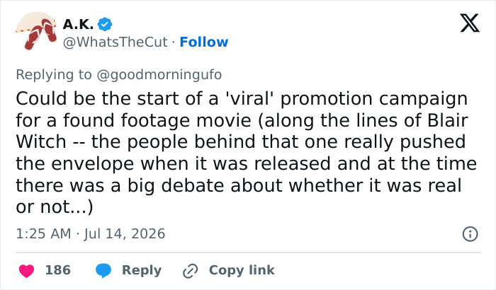 Screenshot of A.K. tweet suggesting the alien reveal and James Franco's video could be a viral promotion. Screenshot of A.K. tweet suggesting the alien reveal and James Franco's video could be a viral promotion.