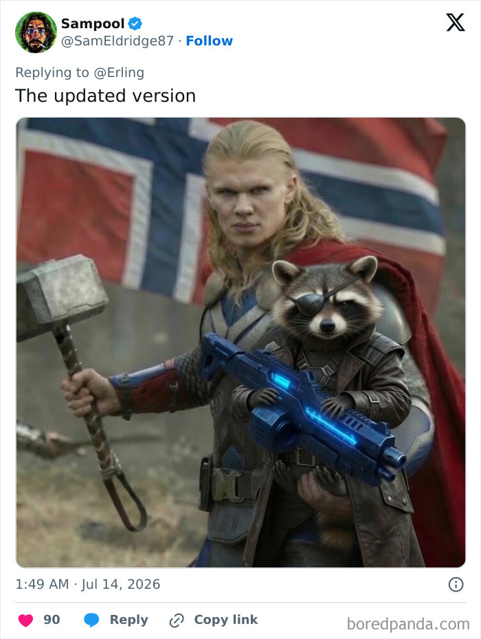 A meme depicting Erling Haaland as Thor with a raccoon as Rocket, part of the viral raccoon arrival memes. A meme depicting Erling Haaland as Thor with a raccoon as Rocket, part of the viral raccoon arrival memes.