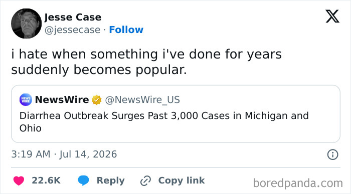 A funny tweet about something popular, referencing a diarrhea outbreak, from a collection of unhinged tweets.