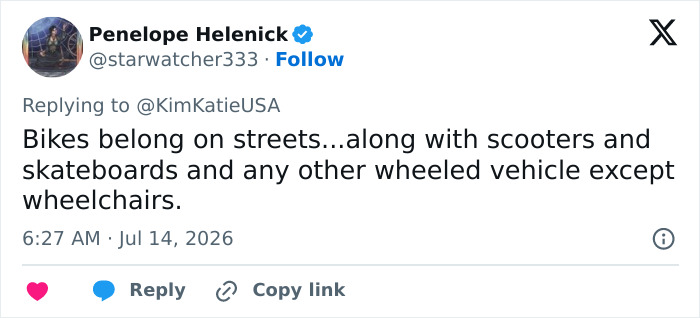 A social media user comments that bikes, scooters, and skateboards belong on streets, not sidewalks, for walking dogs. A social media user comments that bikes, scooters, and skateboards belong on streets, not sidewalks, for walking dogs.