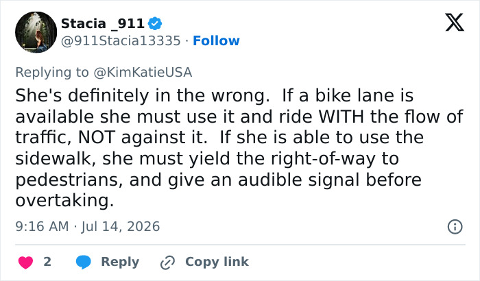 Screenshot of a tweet detailing that a cyclist must use a bike lane if available and yield to pedestrians on sidewalks. Screenshot of a tweet detailing that a cyclist must use a bike lane if available and yield to pedestrians on sidewalks.