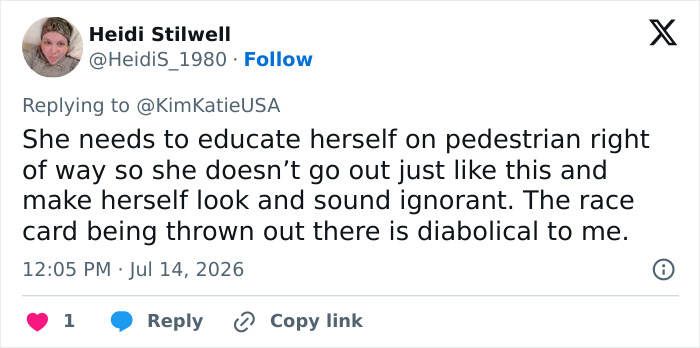 Twitter post discussing pedestrian right of way and the cyclist Karen trying to shame a man. Twitter post discussing pedestrian right of way and the cyclist Karen trying to shame a man.