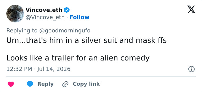 Screenshot of a tweet from Vincove.eth regarding James Franco's alien reveal and video error. Screenshot of a tweet from Vincove.eth regarding James Franco's alien reveal and video error.