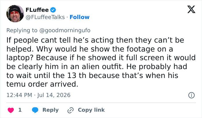 Fans point out error in James Franco's video, suggesting it's an alien outfit on a laptop. Fans point out error in James Franco's video, suggesting it's an alien outfit on a laptop.