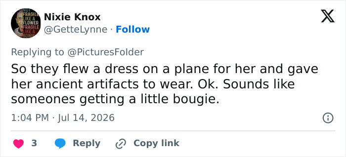 A tweet by Nixie Knox critiquing Zendaya wearing 3000-year-old earrings as ancient artifacts. A tweet by Nixie Knox critiquing Zendaya wearing 3000-year-old earrings as ancient artifacts.