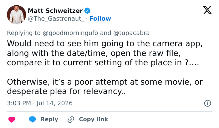 Screenshot of Matt Schweitzer's tweet regarding James Franco's video and the alien reveal. Screenshot of Matt Schweitzer's tweet regarding James Franco's video and the alien reveal.