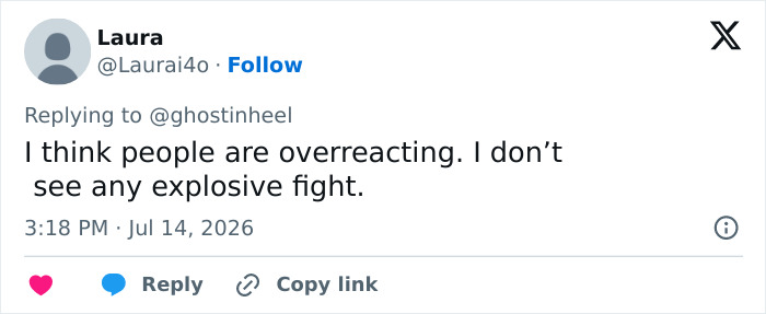 A tweet from Laura suggesting people are overreacting to the viral World Cup moment, seeing no explosive fight. A tweet from Laura suggesting people are overreacting to the viral World Cup moment, seeing no explosive fight.