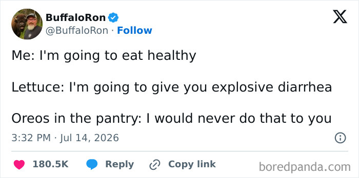 Unhinged July tweet contrasting healthy eating with lettuce and Oreos.
