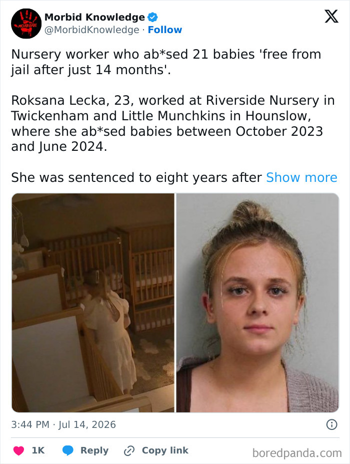 A split image of a nursery worker and her mugshot, illustrating a morbid and sad story.