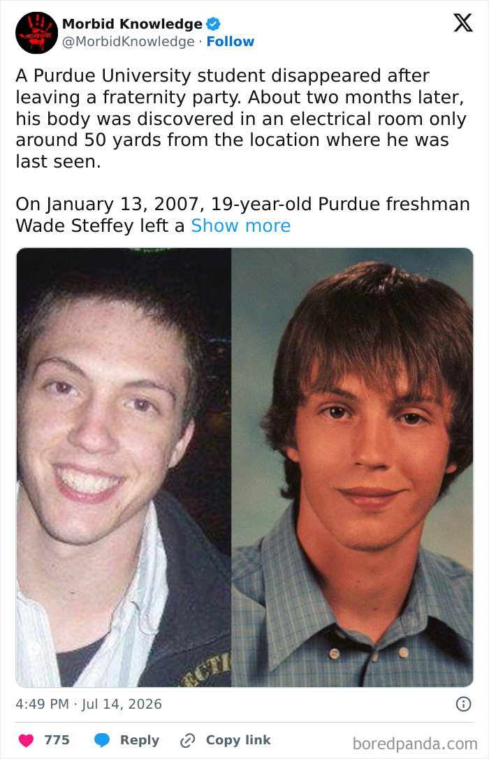19-year-old Purdue freshman Wade Steffey in two photos, one of many morbid and sad stories.