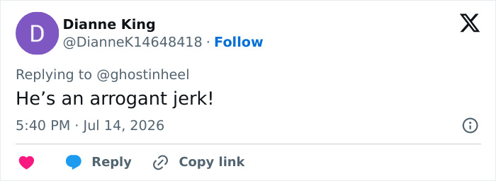 A tweet from Dianne King calling the man from the viral World Cup moment 'an arrogant jerk'. A tweet from Dianne King calling the man from the viral World Cup moment 'an arrogant jerk'.