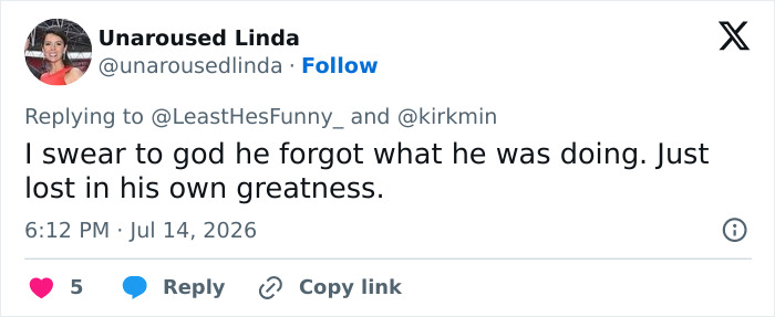 A tweet by Unaroused Linda implying Alec Baldwin forgot the purpose of his tribute, lost in his own greatness. A tweet by Unaroused Linda implying Alec Baldwin forgot the purpose of his tribute, lost in his own greatness.