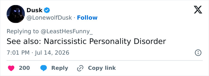 Screenshot of a tweet from Dusk about Narcissistic Personality Disorder, relating to the Sam Neill tribute. Screenshot of a tweet from Dusk about Narcissistic Personality Disorder, relating to the Sam Neill tribute.