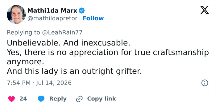 A tweet from Mathilda Marx, calling a customer a grifter for not appreciating a landscaper's craftsmanship and seeking revenge. A tweet from Mathilda Marx, calling a customer a grifter for not appreciating a landscaper's craftsmanship and seeking revenge.